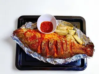 BBQ Croaker fish with chips & coleslaw