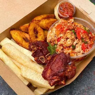 Fried yam, plantain, Turkey and egg sauce