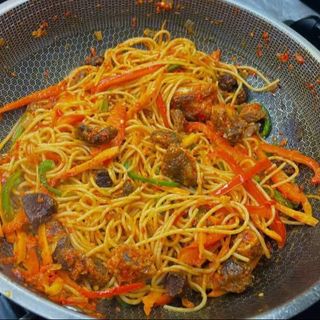 Spaghetti Stir-fry & Goat Meat