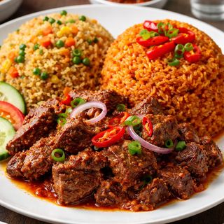 A Portion of Jollof and Fried Rice with fried beef