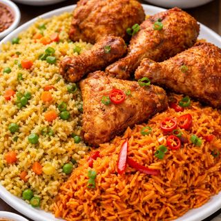 A Portion of Jollof and fried rice with fried chicken