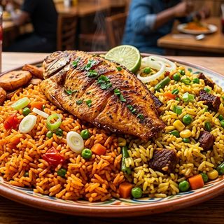 A Portion of Fried and Jollof Rice with fish