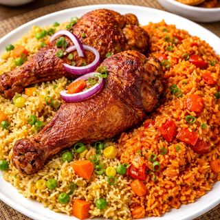 A Portion of Jollof and fried rice with fried turkey