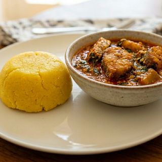 One Rap of eba with Ogbono and fried fish