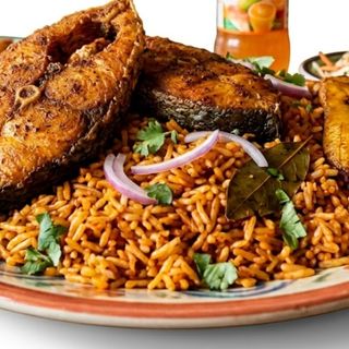A Portion of Jollof Rice with fried fish