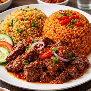 A Portion of Jollof and Fried Rice with Beef
