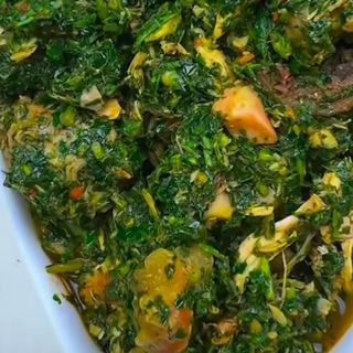 Vegetable soup, Garri and Beef