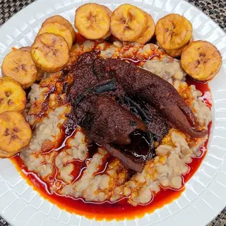 Ewa Agoyin With Egg And Plantain