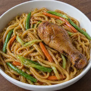 Stir Fried Pasta and fried chicken