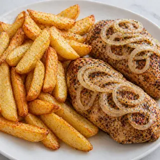 Potato chips and 2 pieces of peppered chicken