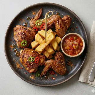 Fried yam with peppered chicken and tomato pepper sauce