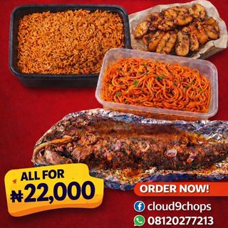 Smoky Jollof, Jollof Pasta, Fried plantain and Barbecue catfish