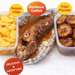 Potato chips, Barbecue Catfish and Fried plantain combo