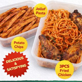 Jollof pasta, potato chips , 3 pcs of chicken and sprite