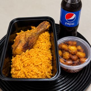 Jollof Rice, Fried Chicken, Plantain & Drink