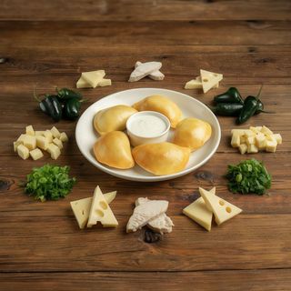 Pierogi z pieca z kurczakiem przyrządzanym na ostro z serkiem śmietankowym, serem cheddar, papryką jalapeno, kolendrą, szczypiorkiem 