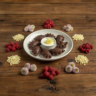 Pierogi z malinami i białą czekoladą.