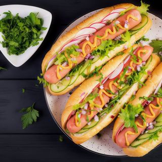 Hot-dog z dodatkami,bułka paluch,1 szt parówka,pomidor,ogórek,sałata lodowa