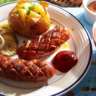 Kiełbaski na ciepło 3 szt,pomidor,ogórek,sałata,pieczywo