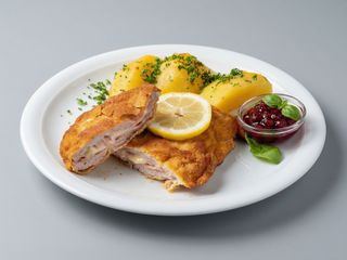 Schabowy po szwajcarsku z masłem i serem, ziemniaki, surówka