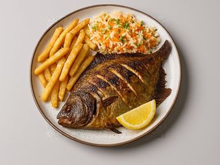 Ryba flądra cała 1 szt ,ziemniaki, surówka, zupa dnia gratis