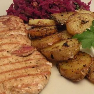 Schab po wiejsku, schab ,bekon, ogórek kiszony, musztarda ,ziemn, sur, zupa