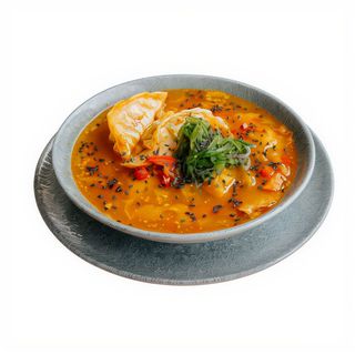 Koreańska zupa z kaczką i smażonymi pierożkami gyoza