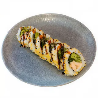 Uramaki pieczony łosoś teriyaki w chrupkach z tempury