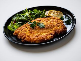 Kotlet schabowy podany z ziemniakami lub frytkami I zestawem surówek