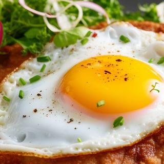 Kotlet schabowy z jajem podany frytkami i surówką