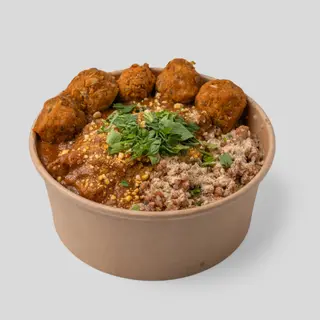 Buckwheat groats with butter tofu sauce and sweet potato balls