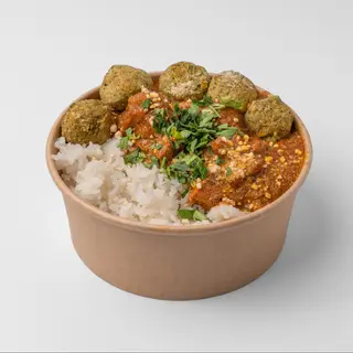 Jasmine rice with butter tofu sauce and plantfull veggie-balls