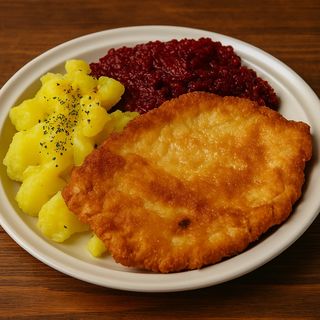 Kotlet schabowy + ziemniaki gotowane + surówka z kiszonej kapusty