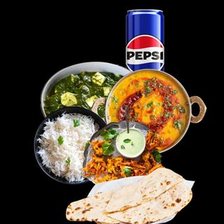 Palak paneer 400g/ Dal tadka 400g/rice/naan/ onion bhaji 6szt/ 2× pepsi 300ml