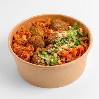 Carrot spaghetti with tofunese sauce and kale veggie-balls