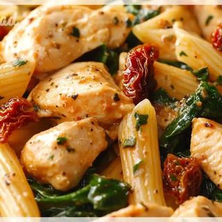 Makaron penne z kurczakiem, suszonym pomidorem i czosnkiem 