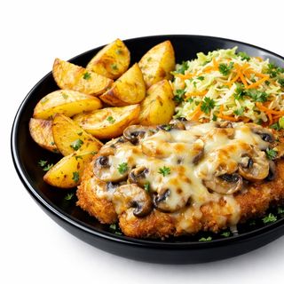 Kotlet drobiowy zapiekany pieczarkami i  z serem żółtym, ziemniak opiekany, surówka