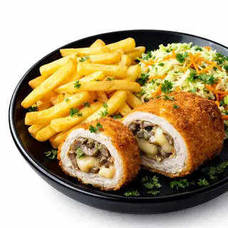 Panierowana roladka drobiowa z serem i pieczarkami, ziemniaki puree, surówka