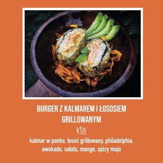 Sushi burger z kalmarem i łososiem grillowanym