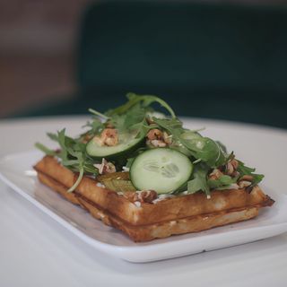 Savory waffle with scrambled tofu & fresh vegetables