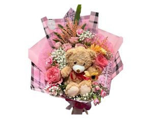 Bukiet z misiem rozmiar L w odcieniach różu