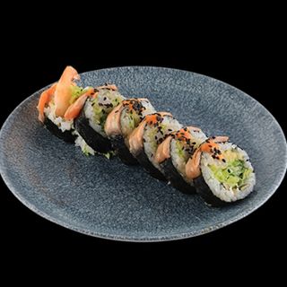 66. Futomaki zapiekany łosoś teriyaki z krewetkami w tempurze