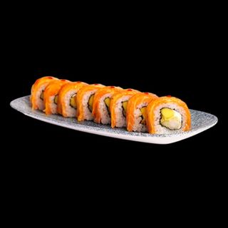 12. PREMIUM Uramaki z krewetkami w tempurze i opalanym łososiem spicy mango