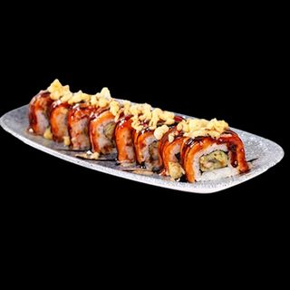 2. PREMIUM Uramaki z opalanym łososiem teriyaki i węgorzem w tempurze