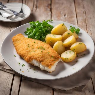 Panierowany mintaj podany z ziemniakami i świeżą surówka. 