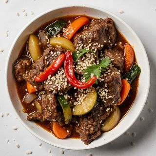 Wieprzowina stir-fry na ostro z warzywami i ryżem