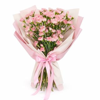 25 mini goździków różowych w papierze dekoracyjnym