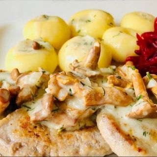 Polędwiczki wieprzowe w sosie kurkowym z surówka