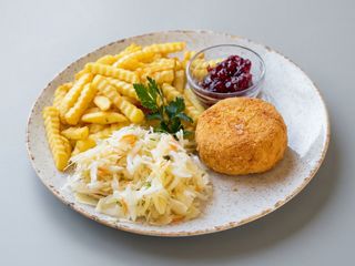 Camembert panierowany z sosem żurawinowym frytkami i surówką 