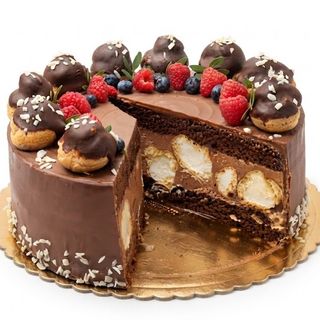 Tort czekoladowy z profiterolami porcja